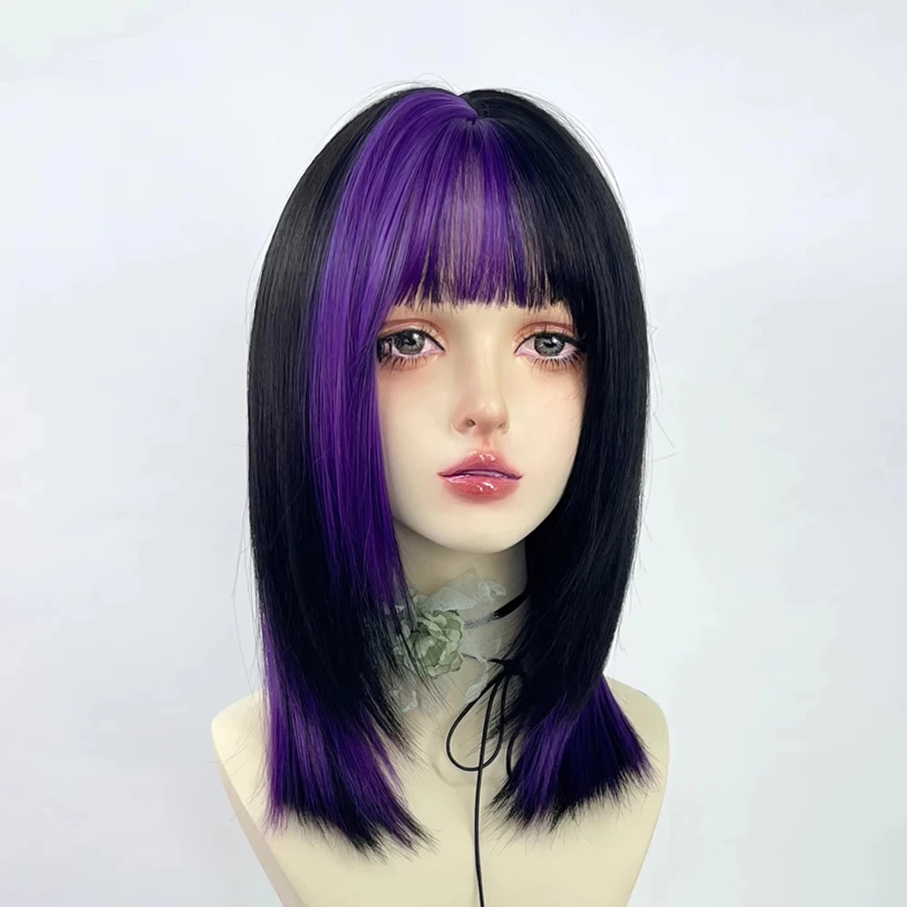 باروكة صناعية قصيرة مستقيمة مع فرقعة للنساء من الألياف المقاومة للحرارة مثالية لوليتا كوسبلاي عيد الميلاد والهالوين كاجوال جلام