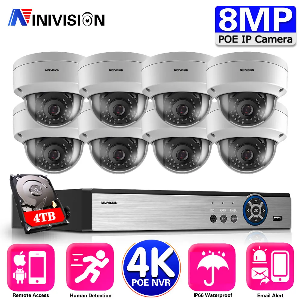 

8CH 4K 8MP POE IP Security Camera System NVR Kit IP66 Weatherproof Dome With RJ45 Cable Street Home P2P Video Surveillance Set