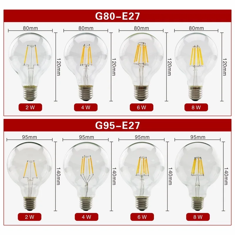 LED Edison Filament Light Bulbs  Art Lights ST64 G80 G95 G125 A60 T45 Dimmable E27 220V 4W 6W 8W 2700K 360 Degree Energy Lamps