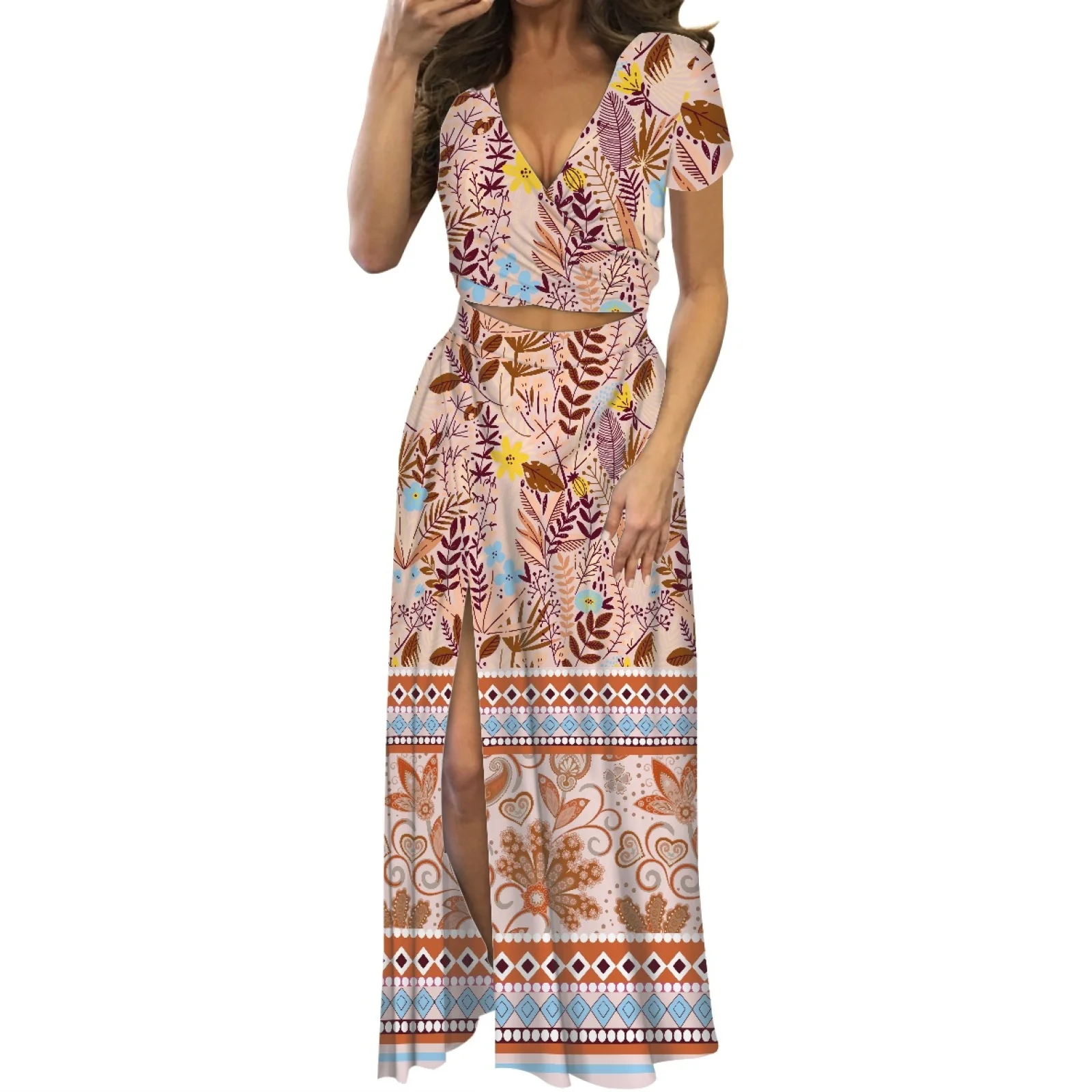 Polynesian Tribal Tongan Totem Tattoo Tonga Prints High Quality Stylish ​Short Sleeve Long Dress Women Street Club Two-Piece Set