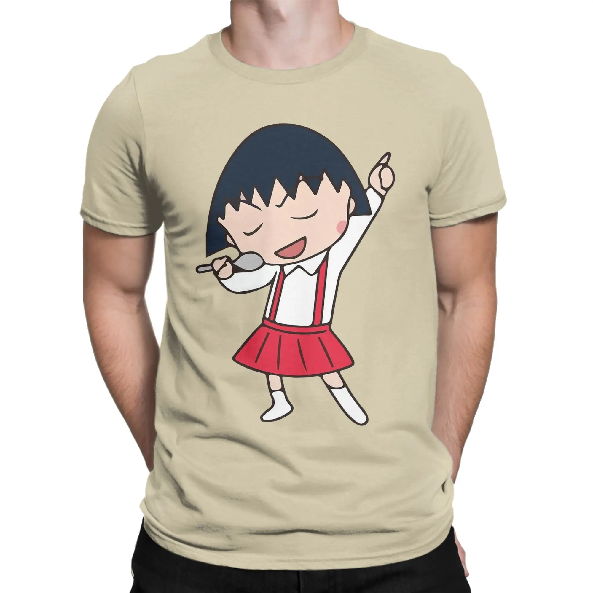 Chibi Maruko-chan sing with a spoon T-Shirts for Men  Novelty Cotton Tees Round Collar Short Sleeve T Shirts Summer Clothing