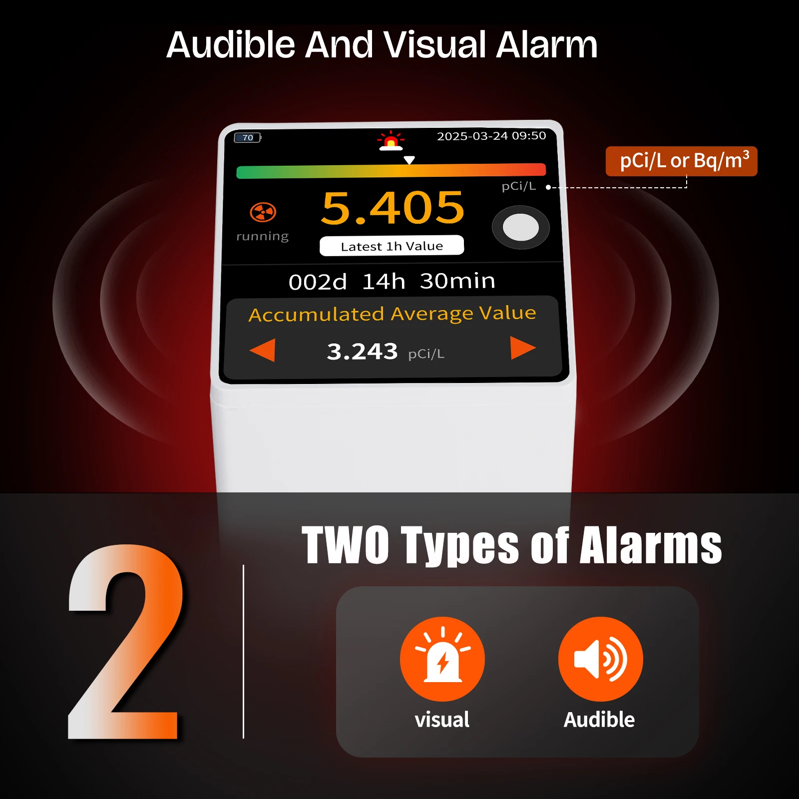Radon Detector Audible Visual AlarmTouchscreen LCD Color Display, Long-Term Radon Gas  Detector Monitoring PCi/L or Bq/m³