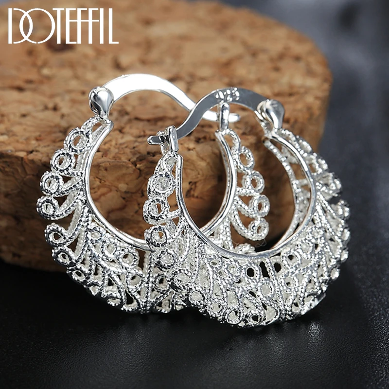 DOTEFFIL 925 srebro Hollow Flower U koło kolczyki dla kobiet Lady najlepszy prezent moda urok srebrna biżuteria ślubna