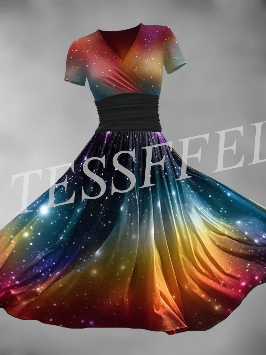 

Tessffel NewFashion Flower Gradient Colorful Harajuku Vintage Retro Maxi Dress 3DPrinted V-Neck Short Sleeve Dress Long Dress V2