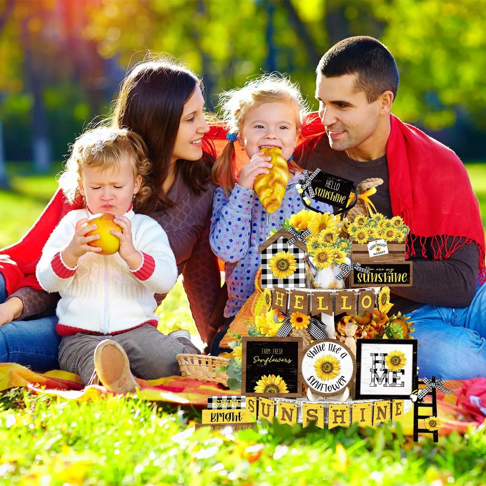 24Pcs sunflower Tiered Tray Decor Set Fresh sunflower Wooden Sign Yellow sunflower Wood Blocks Standing Sign Summer Tray Decor