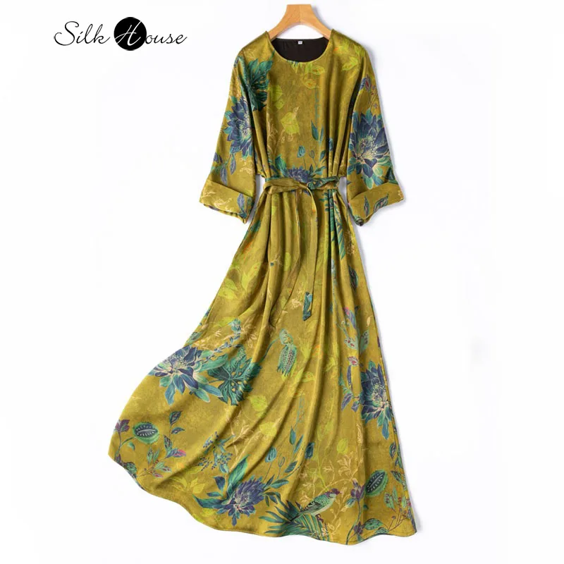 

60MM 100% Natural Mulberry Silk Gambiered Guangdong Gauze Heavy Satin Extended Seven Quarter Sleeve Women's Fashionable Dress