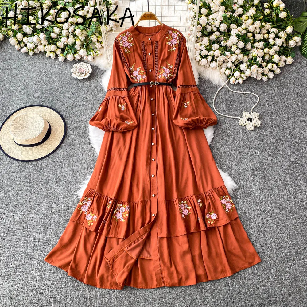 

Ethnic Style Embroidery Vintage Elegant Dress Women Single Breasted Ruffled Slim A-line Robe O-neck Lantern Sleeve Chic Vestido
