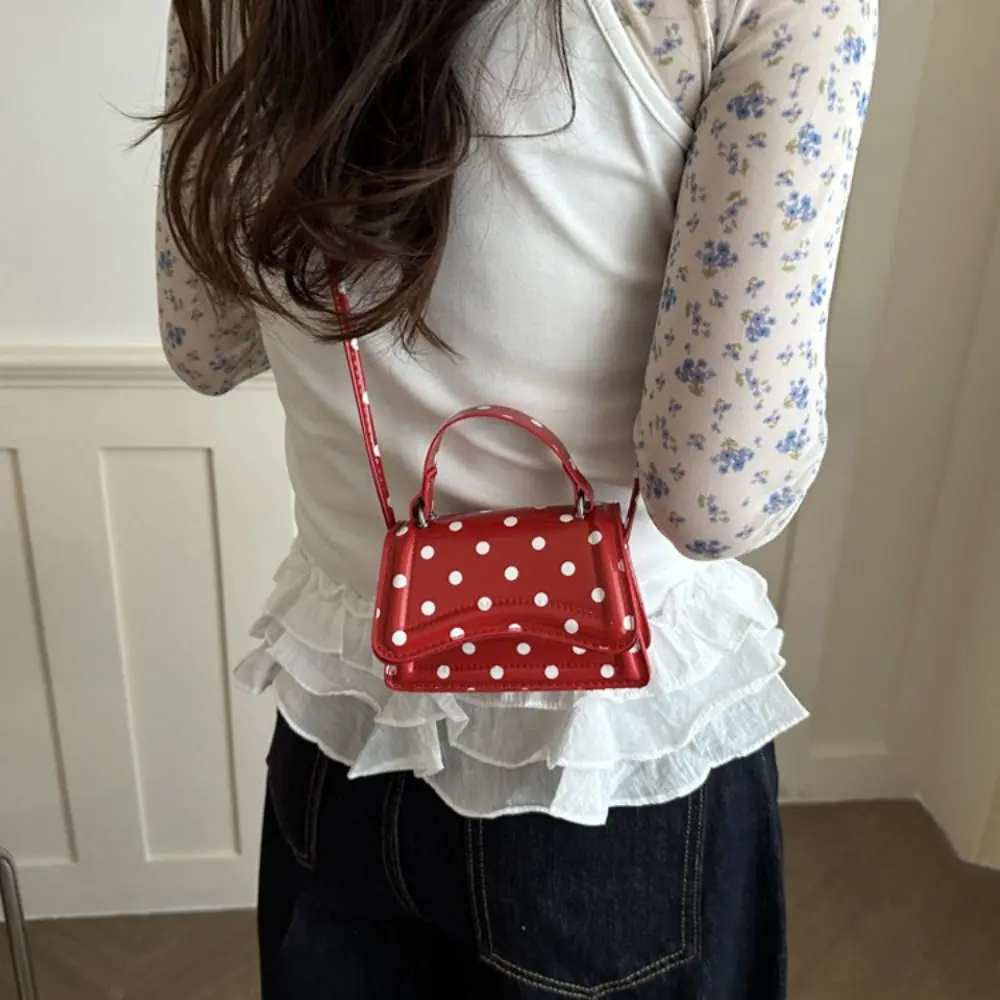 PU Mini Crossbody Bag Polka Dot Pattern Magnetic Snap Closure Square Purse Top Handle Detachable Shoulder Strap