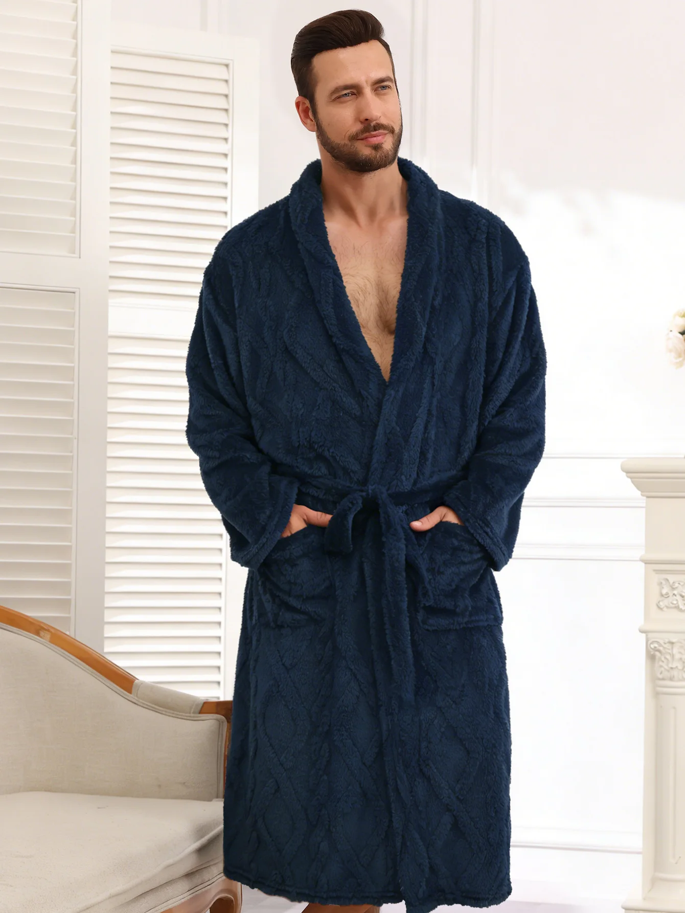 Thickened Plush Fleece Bathrobe Women Men Cable Jacquard Long Sleeve V Neck Belted Pockets Warm Winter Loungewear