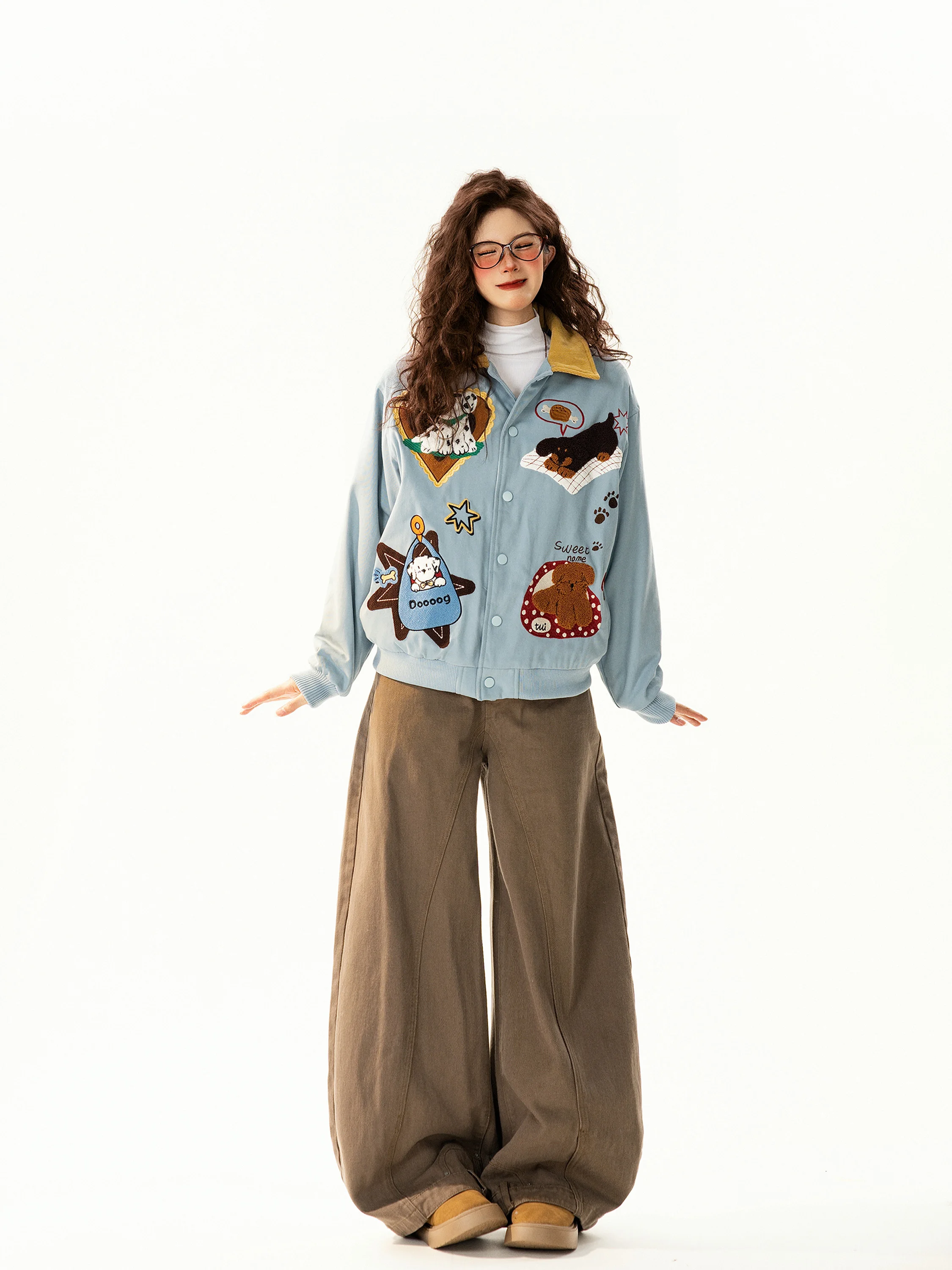 

Retro American Fun Dog Embroidery Cotton Jaet Women's Winter New Loose Match All Cotton Clothes Trendy Long Sve Coat