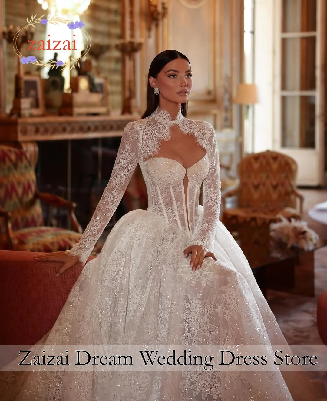 Customized Admire Visual Wedding Dress A-Line Lace High Neck Neckline Basque With Detachable Full Sleeves Customized Bride Gowns