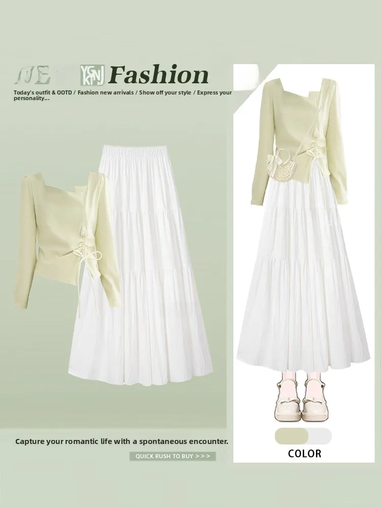 

Korean Sweet Two-Piece Set Dstring Square Collar Long Sve Women's Elastic Waist Anti-Aging Skirt Autumn Faion