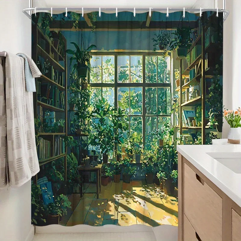 ~O~Sunlit Cozy Library Shower Curtain - Books & Plants, Inviting Literary Decor, Polyester, 70.8x70.8 Inches, 12 Hooks, Washable