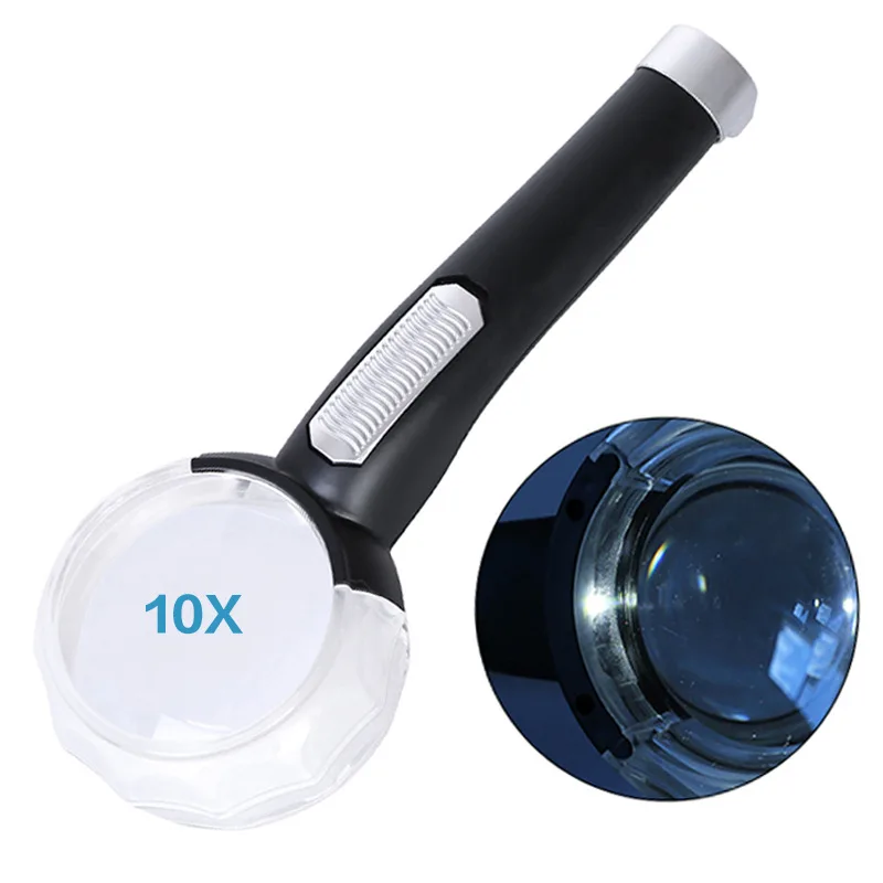 

10X Handheld Magnifier Hd Magnifying Glass with Light Optical High-Definition High-Power Non-Slip Handle for Elderly Reading