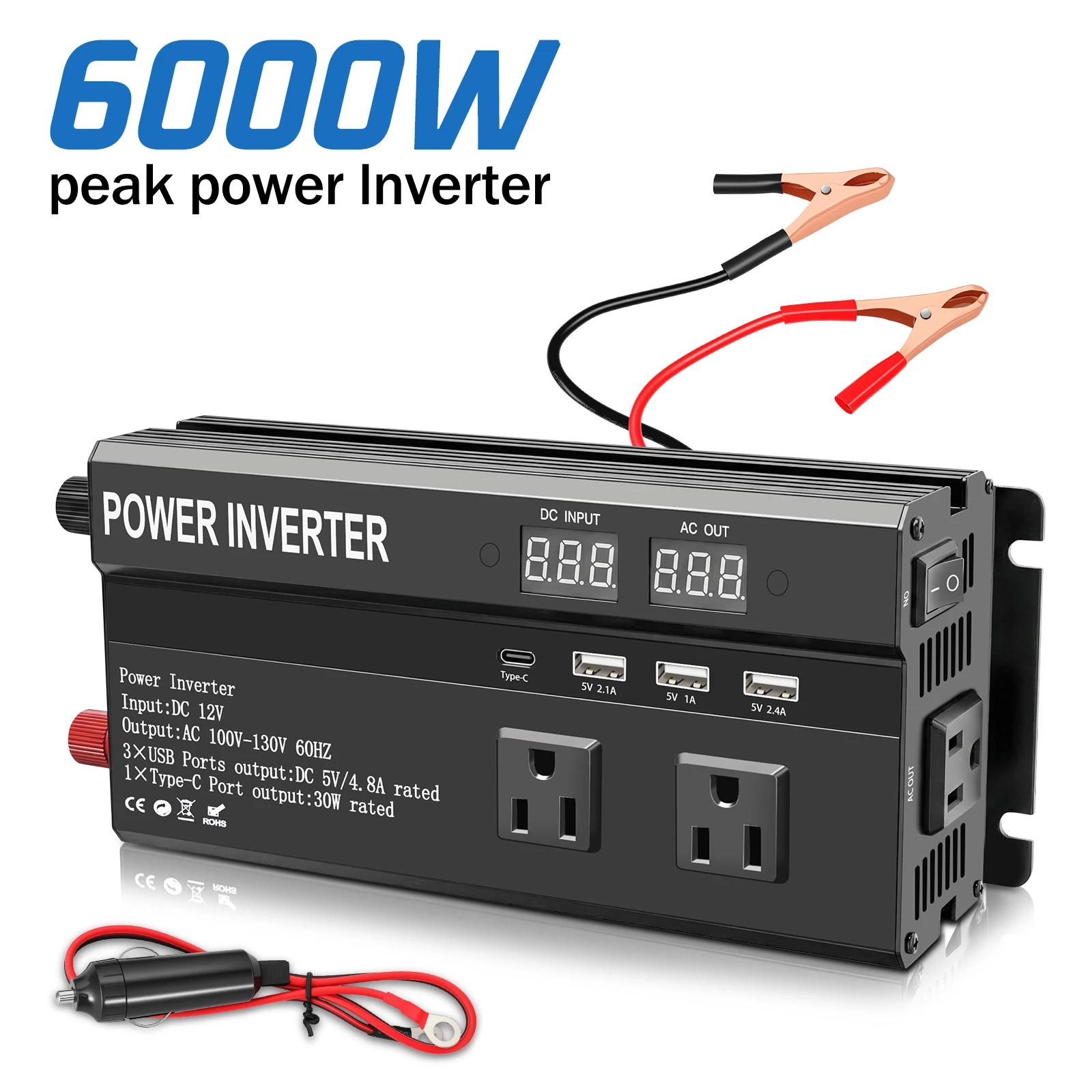 

Автомобильный инвертор мощностью 6000 Вт, преобразователь постоянного тока 12 В в переменный ток 110 В, чистая синусоидальная волна, солнечный преобразователь энергии, 60 Гц, ЖК-дисплей, портативный источник питания
