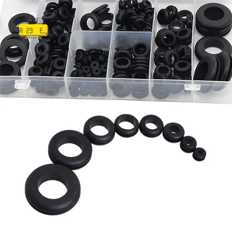A23E-180Pcs Black NBR Rubber Grommet Assortment Kit - 8 Sizes: 1/4