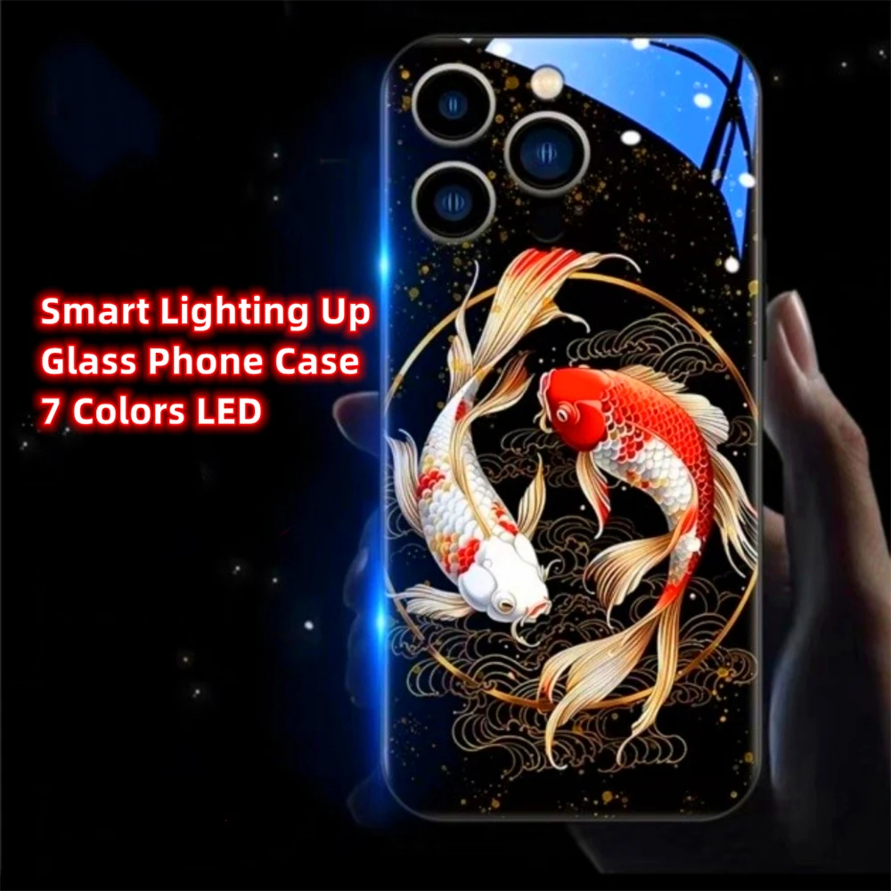 Carp Bringing Good Luck LED Light Glow Luminous Glass Phone Cases For Samsung S24 S23 S22 S21 S20 FE Note 10 20 Plus Ultra A54