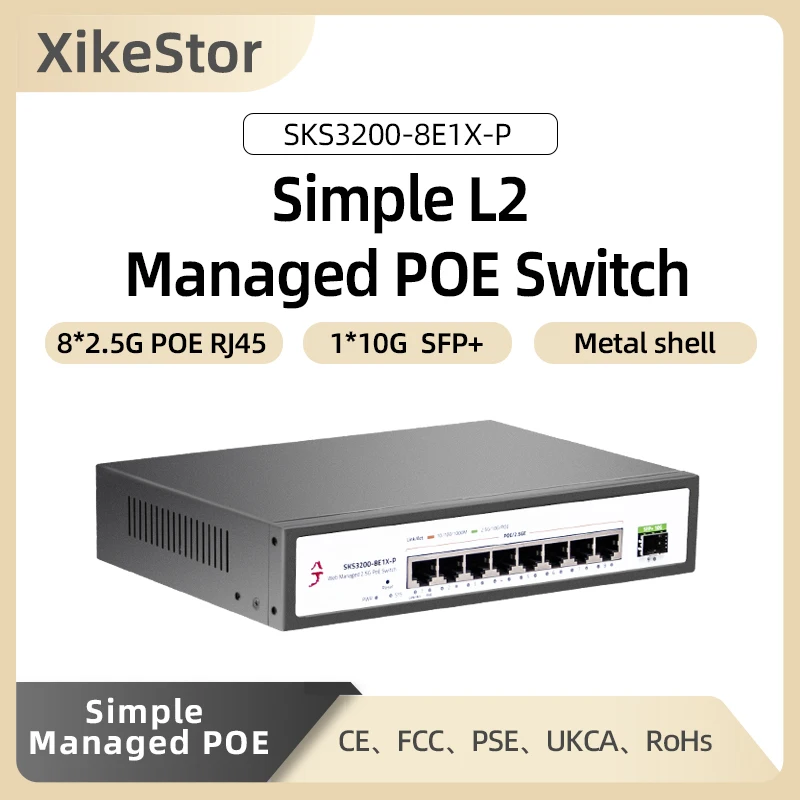 XikeStor Simple L2 Managed POE 8 poorten 2.5G POE RJ45 1 poort 10G SFP+ Ethernet-ondersteuning VLAN/poortaggregatie WEBbeheer