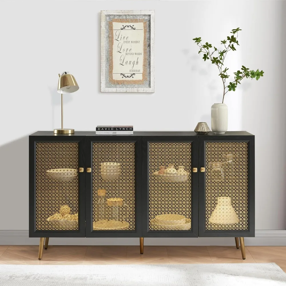 

63" Large Buffet Sideboard with LED Light, Storage Accent Cabinet with 4 Doors, Wood Console Cabinet for Living Room, Black