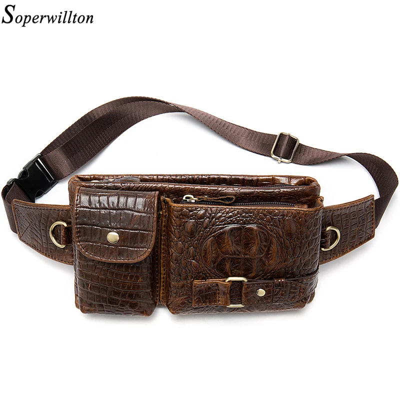 

Soperwillton Crocodile Pattern Waist Packs Men Genuine Leather Cow Bags Vintage Fanny Pack Man Belt Phone Bag