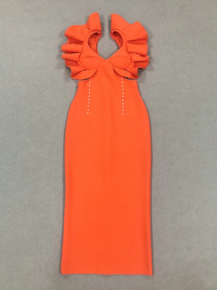 Robe de Soirée Sexy à Volants Orange pour Femme, Tenue Élégante à Bandes, Col en V, Découpé, pour Boîte de Nuit, 2024