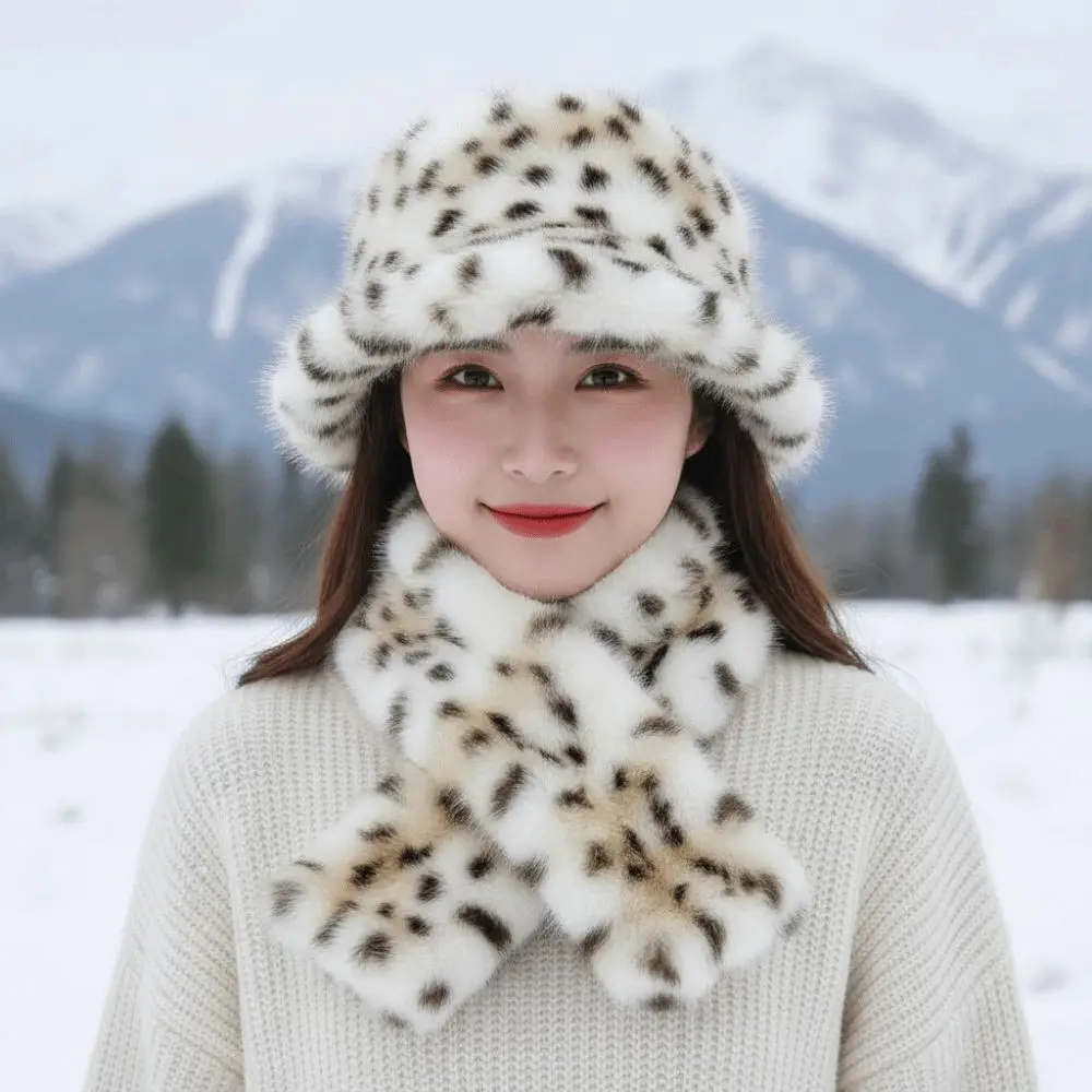 Thick Warm Faux Fur Hat Soft Fluffy Luxury Thermal Spotted Bucket Cap Windproof Elegant Design Leopard Scarf Women Ladies