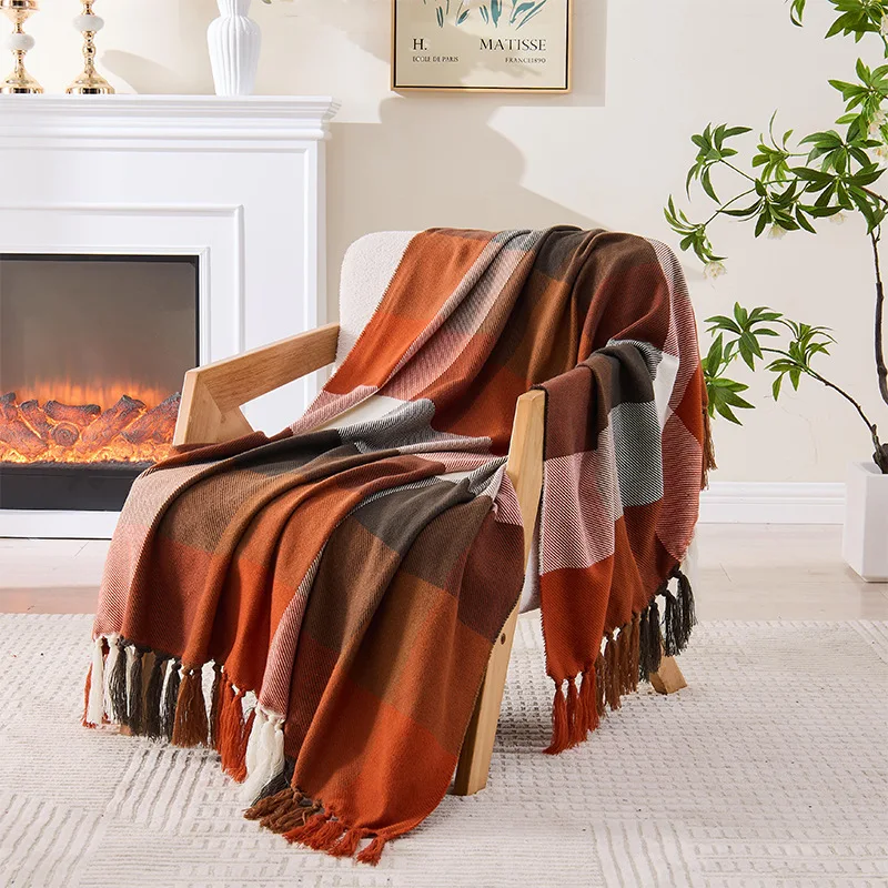Classic Plaid Lightweight Sofa Rest Nap Throw Knitted Blanket Autumn Thin Soft Bedend Blanket with Tassel Couch Bed Home Decor