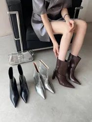 Pointed Toe Women Mid Calf Boots Black Brown Silver Thick High Heels Slip On Winter Ankle Boots Spike Heeled Fashion Party Botas