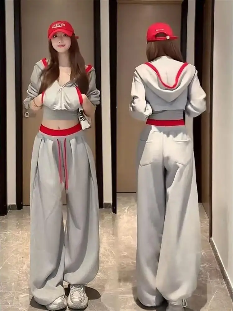 

Модный спортивный костюм для женщин: укороченное худи на шнурке и свободные брюки с широкими штанинами, комплект из двух предметов, повседневный, весна-осень, премиум-класс