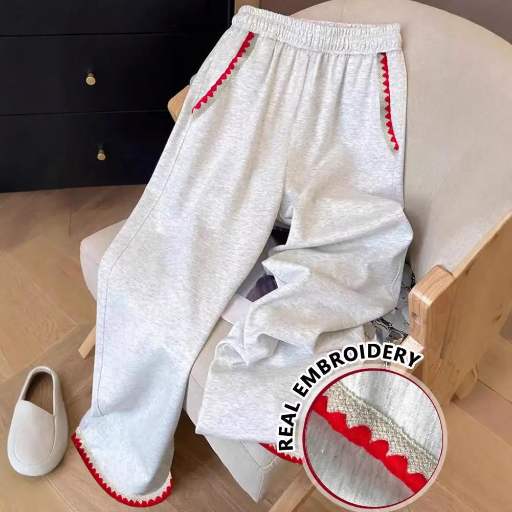 Women Pants Real Embroidery Trousers Pure Color Long Trousers with Pockets Durable Red Zigzag Embroidery Leisure Sport Pants