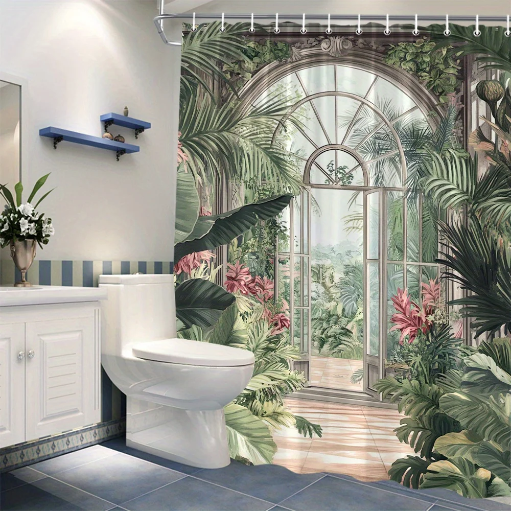 1pc Lush Tropical Greenhouse Shower Curtain - Arched Frames, Vibrant Greenery & Sunlit Design, Pink & Red Flowers, Polyester