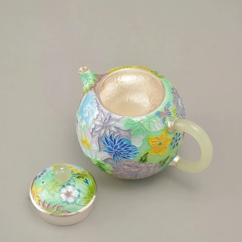 Qibao Burning Wanhua Brocade Silver Pot Twilight Purple Bubble Teapot, Sterling Silver 999 Pure Handmade Enamel Color Silver
