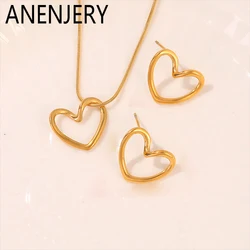 ANENJERY 316L Stainless Steel Twist Hollow Heart Necklace Earrings for Women Simple Summer Petite Jewelry Set Gift