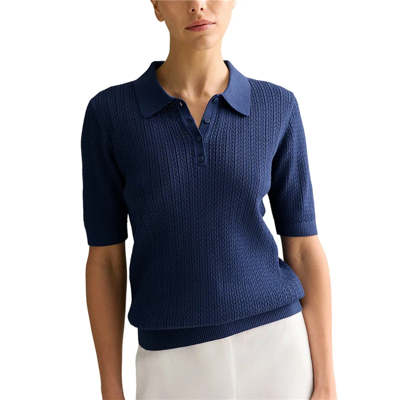 

ASDS-Women Hollow Knitted Polo-Shirt Casual Short Sleeve Loose Lapel Solid Color Top