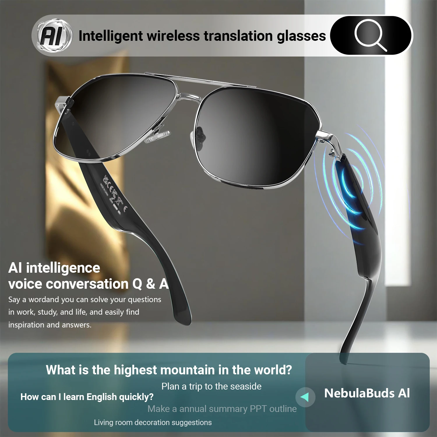 

GY100 AI Translation Smart Bluetooth Glasses support 100Languages Real time Translation for Listening MusicCalling Smart Glasses