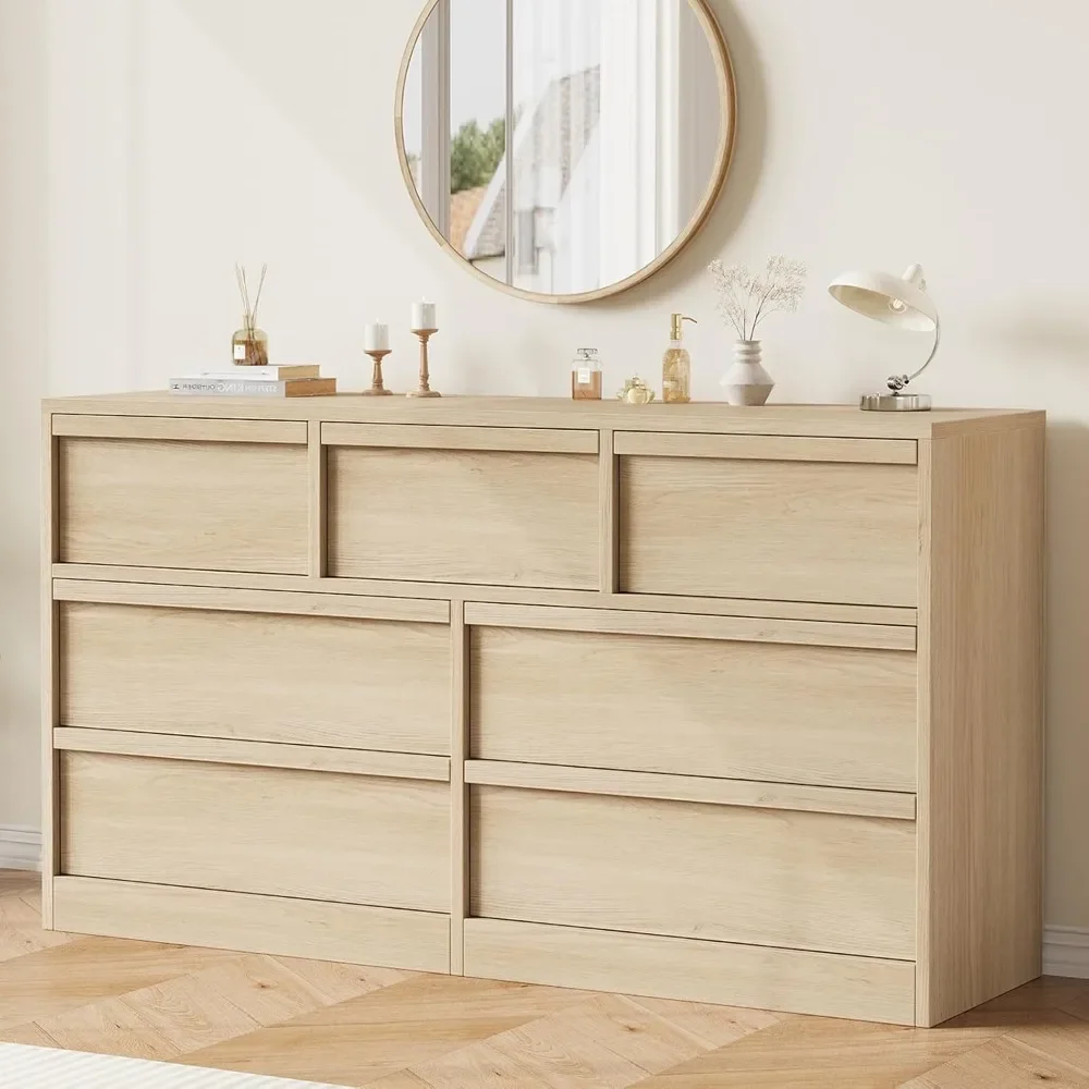 

7 Drawer Dresser for Bedroom, Modern Double Dresser Organizer with 7 Drawers Large Storage, Wooden Chest of Drawers for Bedroom