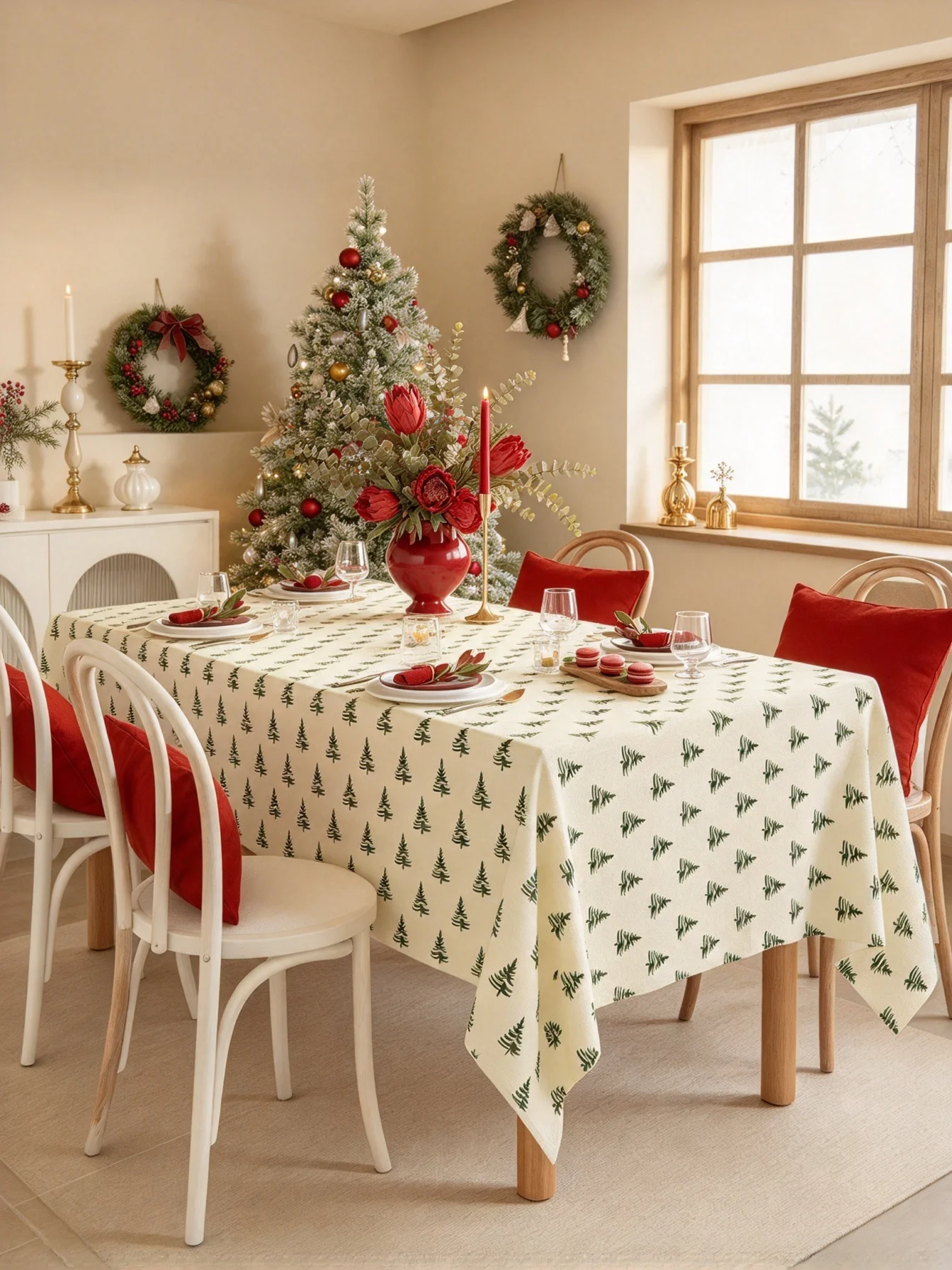 1Pcs Green Pine Tree Print Xmas Table Cover Peach Skin Fabric Stain Resistant Holiday Simple Farmhouse Style for Home Party