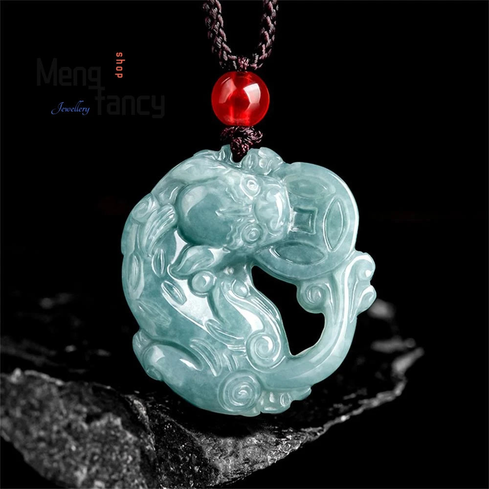 

Natural A-goods Jadeite Blue Water Inviting Wealth and Prosperity Pixiu Pendant Exquisite Engraver Handicraft Fashion Jewelry