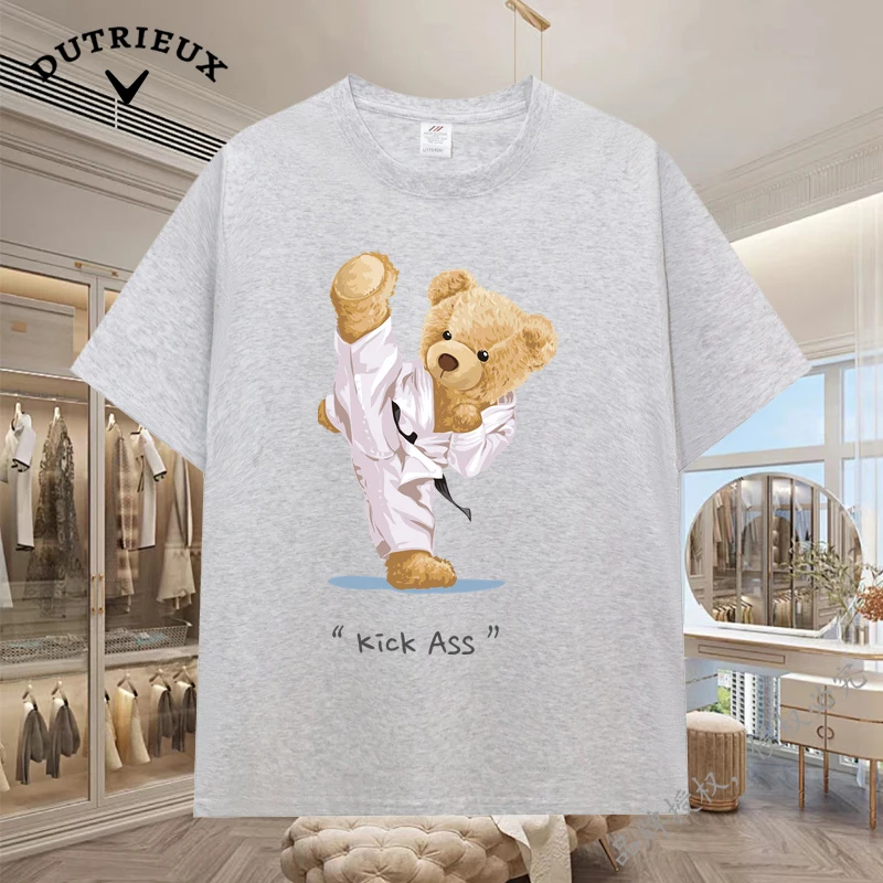 2024 New Luxury Bear Short Sleeved Men's and Women's Loose 230g Fabric weight Cotton Versatile Round Neck Breathable Inner Layup