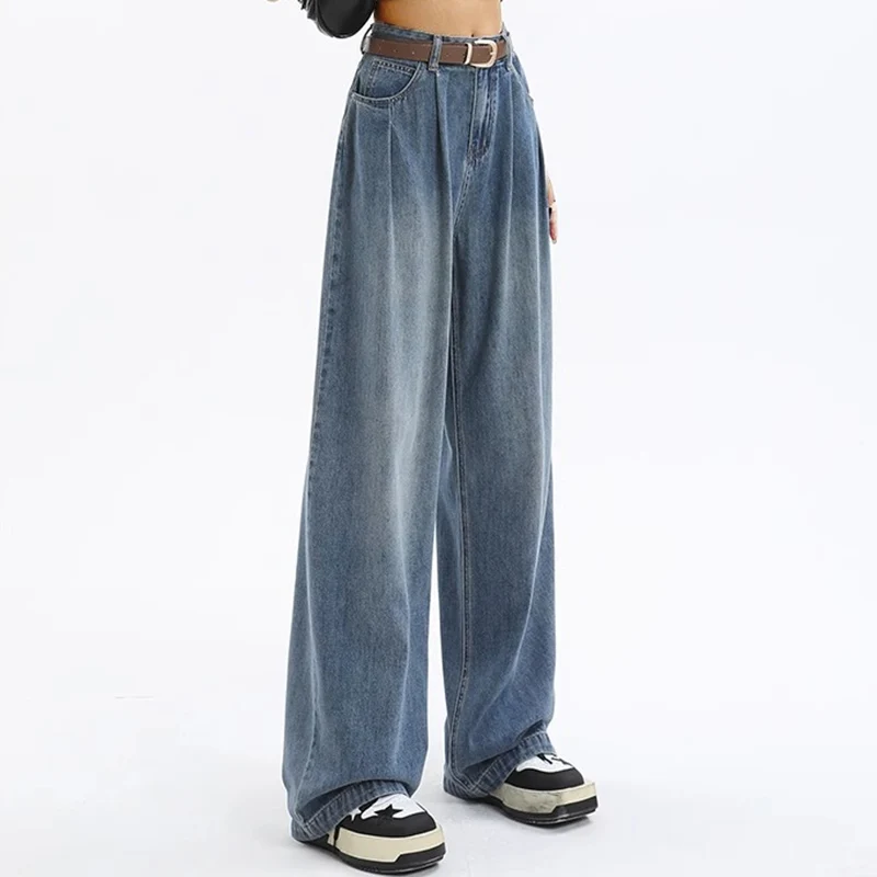 Woman High Waist Loose Wide Leg Pants Female Straight Leg Jeans Girls Fashion retro blue khaki gray light Blue Denim Trousers