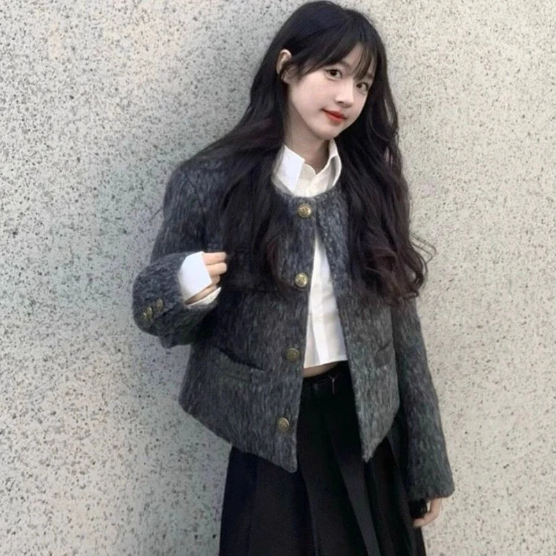 Ciemnoszare, krótkie płaszcze wełniane damskie z długim rękawem, proste, eleganckie, w stylu vintage, do biura, codzienne, zapinane na guziki, z dekoltem typu O, koreańskie bluzki damskie.