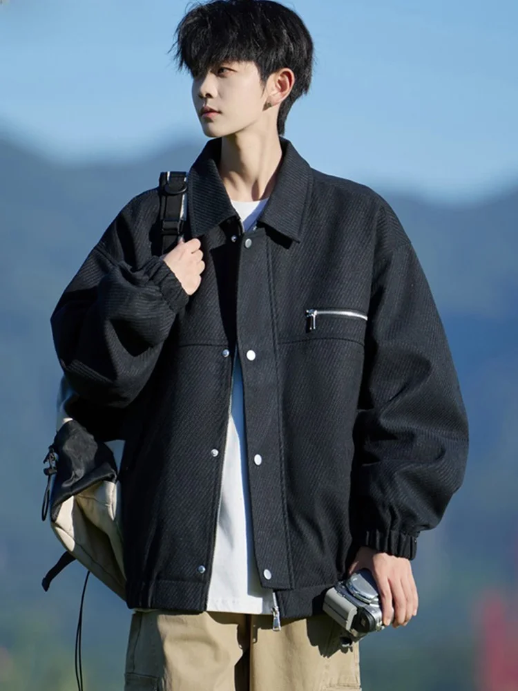 

Trendy Oversized Men's Collared Jaet Casual Faion Loose Retro Texture Outerwear Zipper Closure Polyester/Nylon Blend