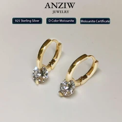 Anziw Pendientes solitario de moissanita de 1ct D para mujer, pendientes de aro de 2023 con diamantes, pendientes de plata esterlina 925 , chapado en oro de 14 quilates