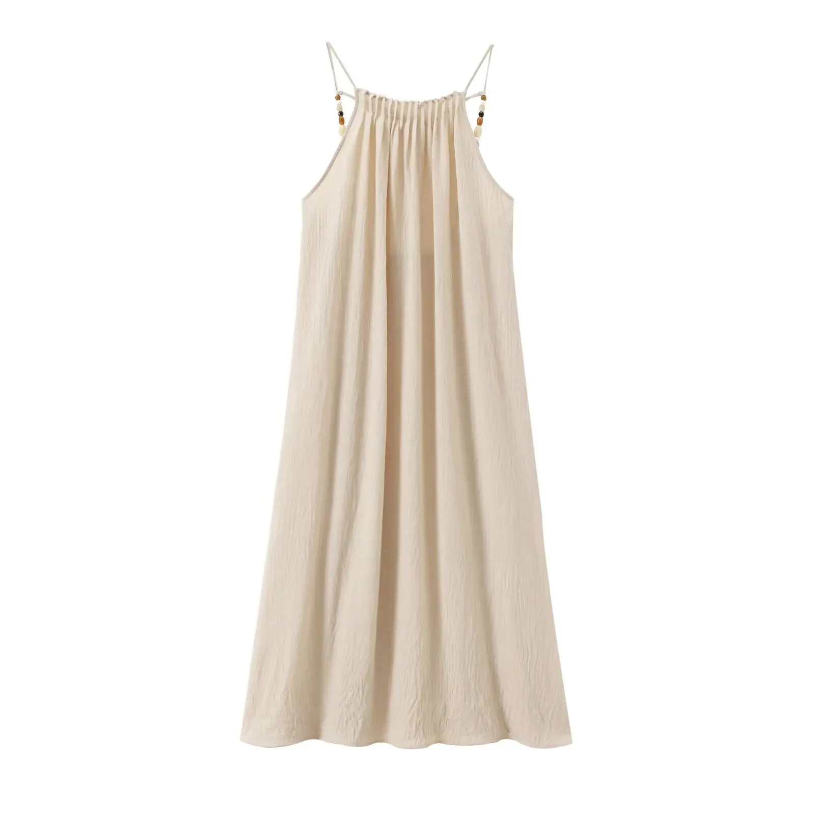 Withered Summer Dress Women Holiday Dress Women French Lazy Backless Suspender Dress Elegant Khaki Pleated Halter Midi Loose