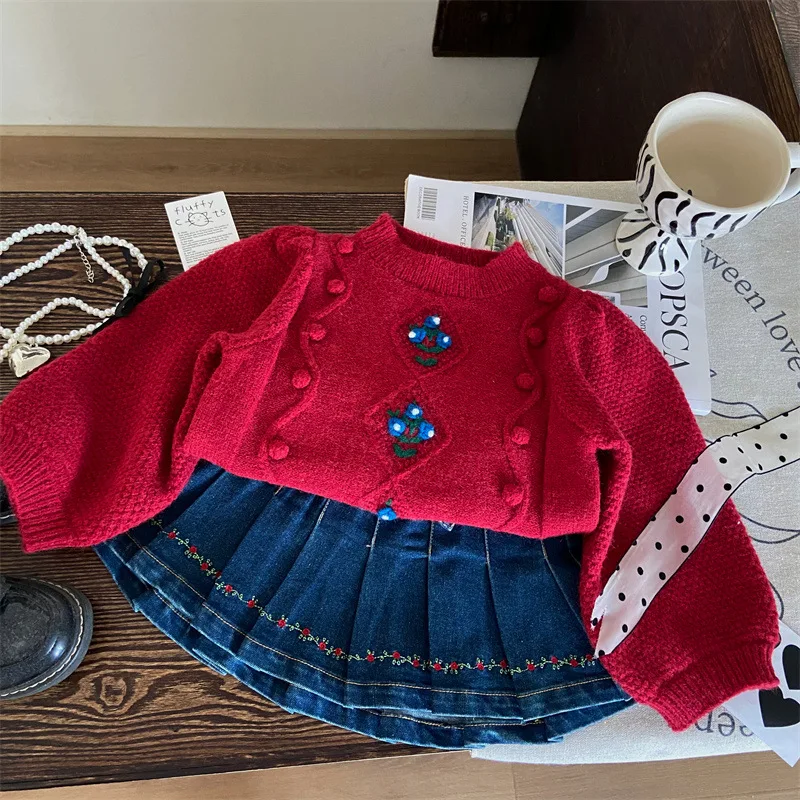 

Girls Suit 2024 Autumn New Childrens Clothes Korean Style Baby Girls Red Sweater Denim Half Skirt Two-piece Set Casual