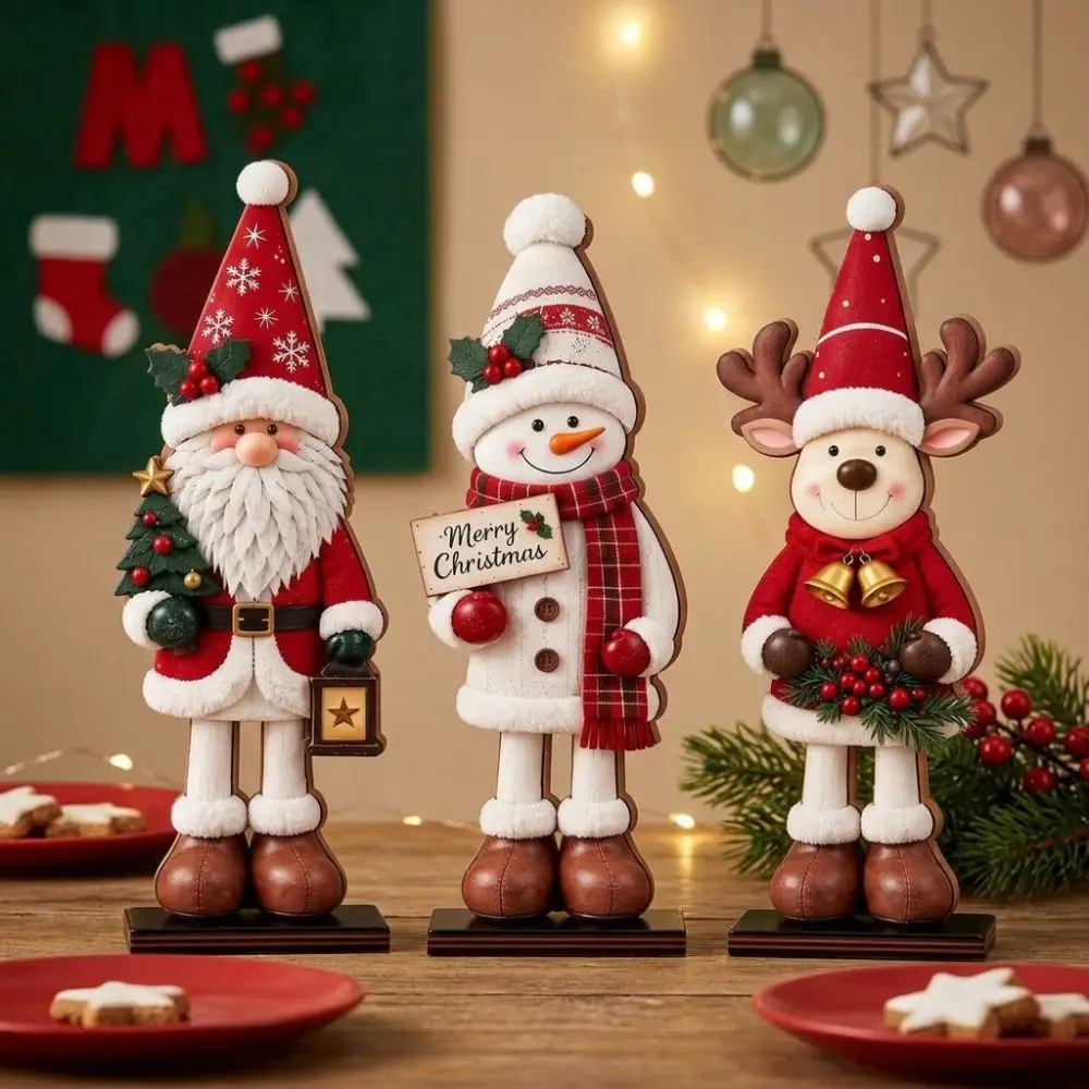 3Pcs Thickened Wooden Christmas Tabletop Ornaments 2D Flat Painted Holiday Standing Sign Decor Stable Base Vintage