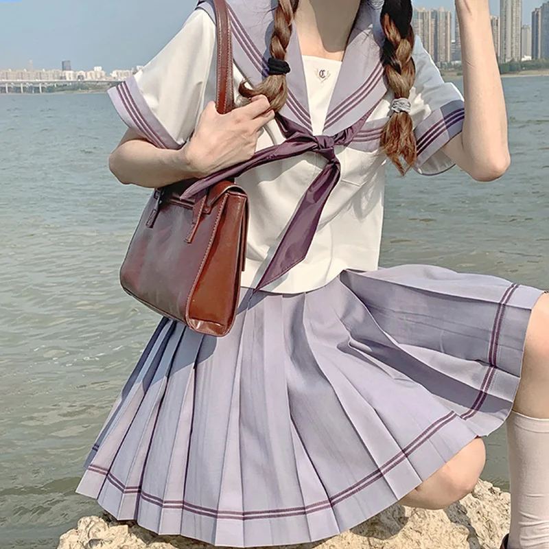 Japanese Korean Style Cute New 2 Piece Set Women Student JK Uniform Crop Sailor Top Cosplay Costumes Girls Pleated Sailor Skirt