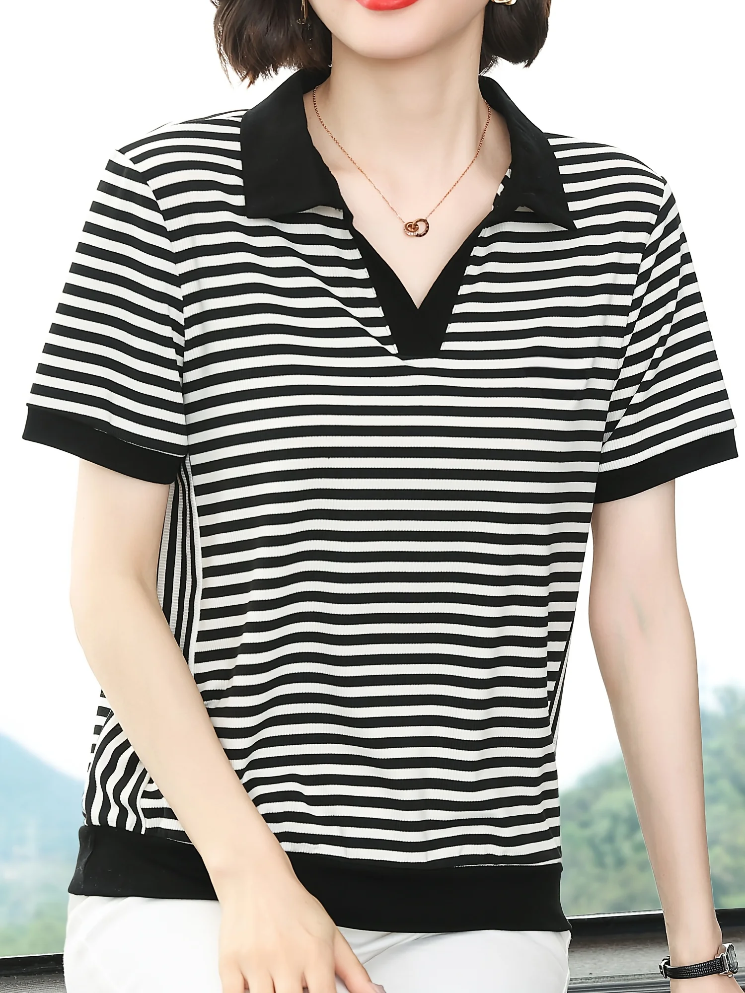 

Black and white striped women's t-shirt women's summer new large size loose slimming collared short-sleeved top popl shirt for w