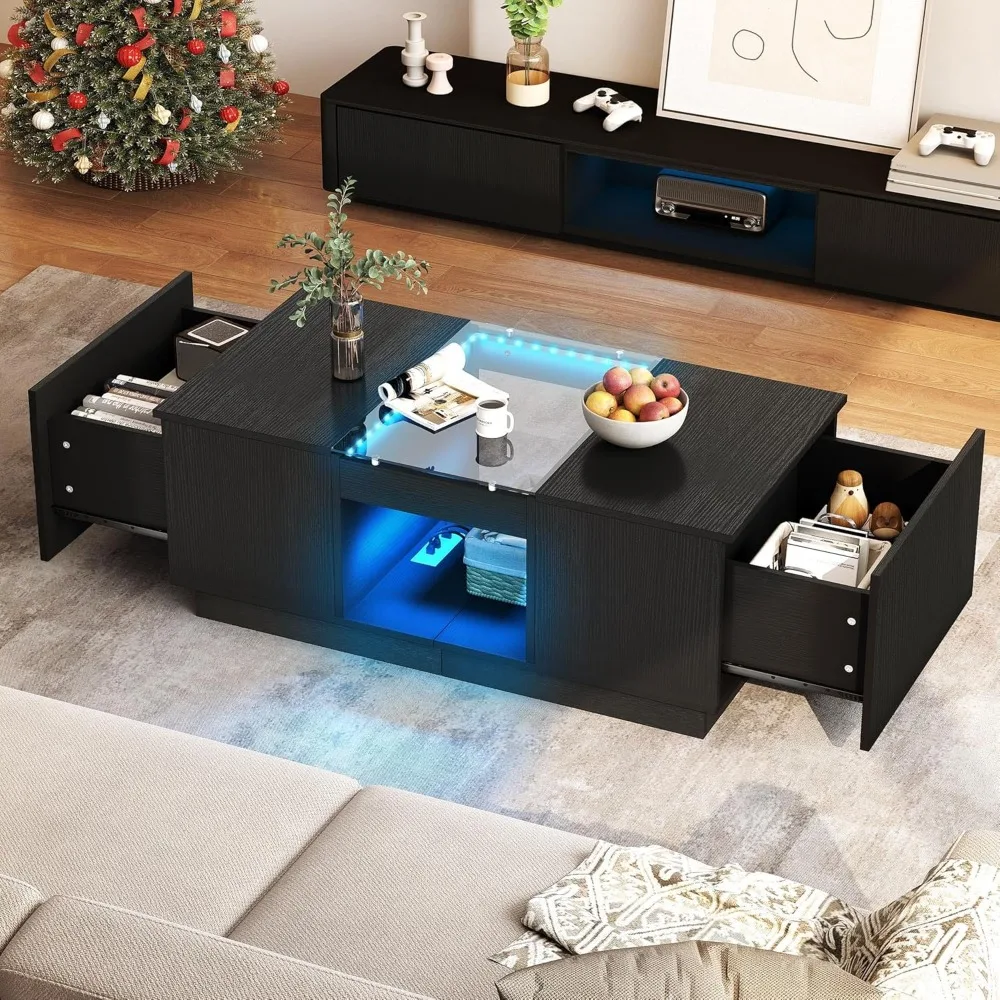 Modern Coffee Table with LED Lights, Rectangle Coffee Table with 2 Large Drawers, Spacious Glass Coffee Table, Upscale Large Li