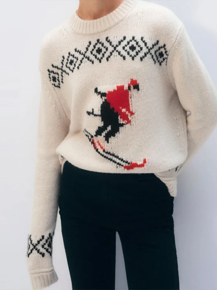 

2026 Spring New Women Jacquard Knitted Pullover Casual O Neck Long Sleeve Loose SweaterChic Lady Knitting Outerwear High Street